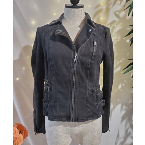 Free People Womens Buckle Strap Denim Moto Jacket Size 0 Black Fade Baddie Punk - Picture 1 of 12